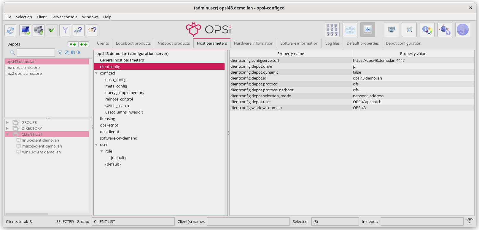 *opsi-configed*: Host Parameters (Server Configuration)