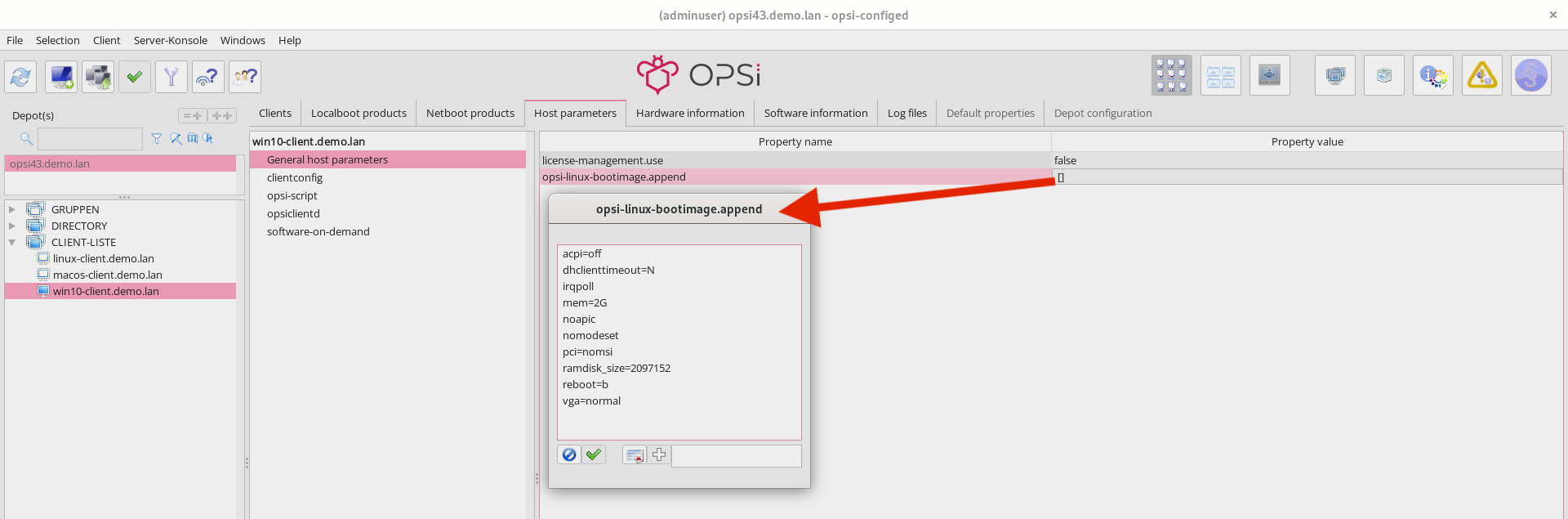 You can configure some Parameters of the Linux Boot Image via *opsi-configed*.