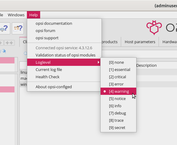 *opsi-configed*: Setting the Loglevel via the Menu