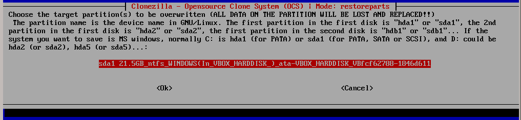 clonezilla choose restore targetpart