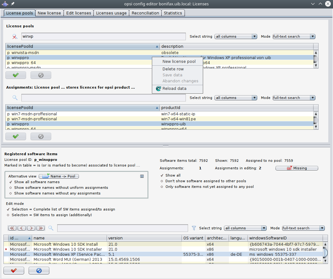 License management: 'license pools' tab