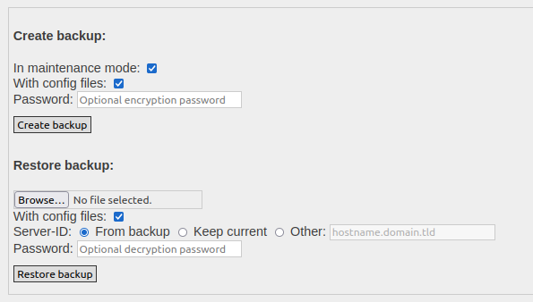 You can also create and restore backups through the _Maintenance_ tab of the admin page.