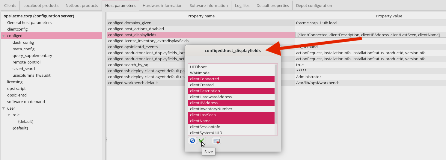 *opsi-configed*: Configure the visible Columns in the Client List.