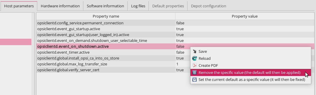 *opsi-configed*: Host Parameters (Context Menu of a Client Entry)