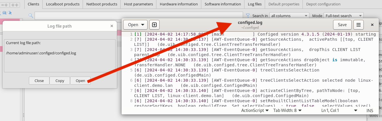 *opsi-configed*: Viewing the current Logfile (Linux)