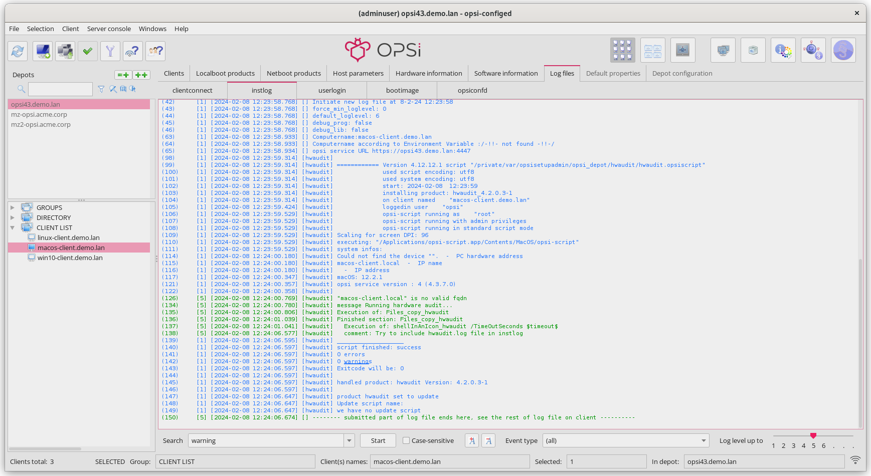 *opsi-configed*: Viewing the Log Files