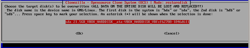 clonezilla choose restore targetdisk