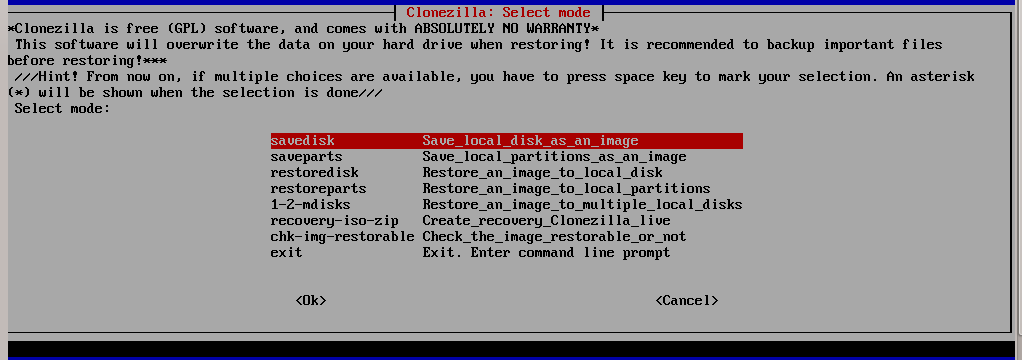clonezilla select mode