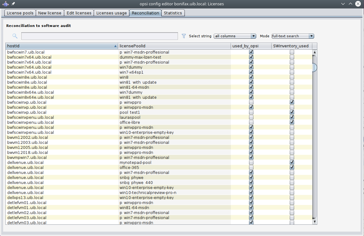 License management: 'Reconciliation' (data matching) tab with the inventory