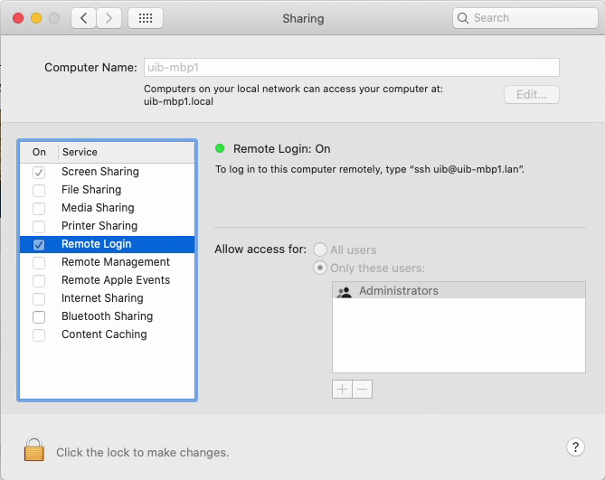 Activate SSH access on macOS.